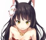  animal_ears azur_lane bare_shoulders black_hair blush breasts collarbone eyebrows_visible_through_hair flower fox_ears fox_mask hair_flower hair_ornament highres jewelry kemo long_hair looking_at_viewer mask mask_on_head messy_hair nagato_(azur_lane) necklace open_mouth ponyaru simple_background sleepwear strap_slip white_background yellow_eyes 