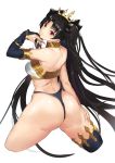  1girl armlet ass asymmetrical_legwear asymmetrical_sleeves back bangs bare_shoulders bikini black_bikini_bottom black_bow black_hair blush bow breasts bridal_gauntlets closed_mouth detached_collar detached_sleeves earrings fate/grand_order fate_(series) hair_bow highleg highleg_bikini highres hoop_earrings ishtar_(fate/grand_order) jewelry long_hair looking_at_viewer looking_back medium_breasts neck_ring parted_bangs red_eyes sakanaaj1 simple_background single_detached_sleeve single_thighhigh smile solo swimsuit thigh-highs thighs tiara two_side_up white_background white_bikini_top 