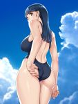  1girl absurdres ass back bangs blue_hair blue_sky blue_swimsuit breasts brown_eyes clouds covered_nipples fullbottom highres long_hair looking_at_viewer one-piece_swimsuit original sky solo swimsuit wet 