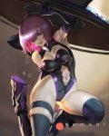  1girl armor armored_dress bare_shoulders breasts david_semsei fate/grand_order fate_(series) gloves hair_over_one_eye high_heels highres holding_shield large_breasts mash_kyrielight navel open_mouth parted_lips purple_gloves purple_hair shield short_hair thigh-highs thighs violet_eyes 