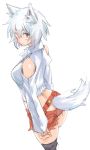  1girl adapted_costume animal_ears black_legwear breasts brown_eyes buttons casual inubashiri_momiji looking_at_viewer midriff sape_(saperon_black) shorts shoulders silver_hair solo tail tail_slit_clothes thigh-highs touhou wolf_ears wolf_girl wolf_tail 