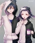  2boys alternate_costume artist_name bangs black_hair black_jacket blue_shirt collarbone commentary_request cup dangan_ronpa eye_contact grey_background hair_between_eyes hair_ornament holding holding_cup hood hood_down hood_up hooded_jacket hoodie jacket long_sleeves looking_at_another medium_hair monokuma multiple_boys new_dangan_ronpa_v3 ouma_kokichi purple_hair saihara_shuuichi shirt short_hair toothbrush two-tone_jacket violet_eyes white_jacket yellow_eyes z-epto_(chat-noir86) 