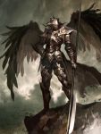  1other armor black_wings clouds cloudy_sky feathered_wings gauntlets glaive greaves grey_sky hand_on_hip helmet holding holding_weapon kyoung_hwan_kim medium_hair outdoors pauldrons rock silver_hair sky solo standing torn_clothes weapon wings 