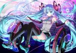  1girl bare_shoulders black_footwear black_gloves black_legwear black_skirt blue_eyes blue_hair blue_neckwear boots breasts closed_mouth collared_shirt commentary_request elbow_gloves full_body gloves goggles grey_shirt hatsune_miku headgear hexagon long_hair looking_at_viewer necktie official_art partly_fingerless_gloves pleated_skirt shirt shoe_soles skirt sleeveless sleeveless_shirt small_breasts smile solo thigh-highs thighhighs_under_boots twintails very_long_hair vocaloid yuuki_kira 