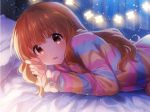  1girl :3 bed blue21 blush bow brown_eyes collarbone eyebrows_visible_through_hair idolmaster light_brown_hair long_hair long_sleeves looking_at_viewer lying moroboshi_kirari on_side open_mouth pastel_colors pillow solo sparkle_background 