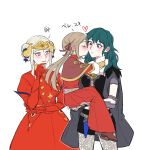 3girls blush brown_hair byleth_(fire_emblem) byleth_eisner_(female) byleth_eisner_(female) cheek_kiss child chuuum_m closed_eyes dress dual_persona edelgard_von_hresvelg fire_emblem fire_emblem:_three_houses fire_emblem:_three_houses fire_emblem_16 fire_emblem_heroes gloves green_hair heart highres intelligent_systems kiss looking_at_another multiple_girls nintendo pantyhose red_dress red_gloves short_shorts shorts silver_hair simple_background smile standing super_smash_bros. tiara time_paradox translated young young_adult younger yuri 