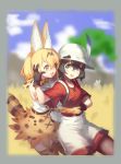  2girls :3 animal_ears backpack bag black_gloves black_hair black_legwear blush cargo_shorts elbow_gloves eyebrows_visible_through_hair feathers gloves green_eyes helmet highres hug hug_from_behind kaban_(kemono_friends) kemono_friends looking_at_another multiple_girls open_mouth orange_gloves orange_skirt pantyhose pith_helmet red_shirt serval_(kemono_friends) serval_ears serval_tail shirt short_sleeves shorts skirt sleeveless smile sseli tail 