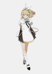  1girl absurdres bangs black_ribbon blonde_hair blue_eyes dress grey_background hair_between_eyes hair_ornament highres kagamine_rin looking_at_viewer neck_ribbon parted_lips ribbon shoes short_hair simple_background socks solo standing vocaloid white_dress white_legwear zhibuji_loom 