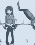  1girl bangs black_eyes black_neckwear black_skirt blue_theme breasts collared_shirt full_body gears hamsterfragment long_sleeves medium_breasts medium_hair monochrome no_nose original sad shirt sitting skirt solo suicidal_girl_(hamsterfragment) thigh-highs 