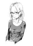  1girl breasts character_request closed_mouth commentary_request glasses greyscale kotoyama long_hair monochrome original simple_background solo white_background 