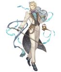  1boy aladdin_(sinoalice) anklet blonde_hair blue_eyes bow bow_(instrument) bowtie chain formal full_body gloves gold gold_chain gold_trim instrument jewelry ji_no looking_at_viewer official_art oil_lamp sinoalice solo suit transparent_background violin white_gloves white_suit 