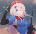  1girl 9a-91 9a-91_(girls_frontline) arm_up bangs beret black_gloves blue_dress blue_eyes blurry blurry_background commentary depth_of_field dress elbow_gloves fhang girls_frontline gloves hair_between_eyes hair_ornament hat long_hair object_namesake one_eye_closed open_mouth puffy_short_sleeves puffy_sleeves red_headwear short_sleeves silver_hair solo star star_hair_ornament 