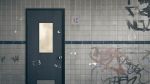  commentary_request door graffiti highres kemuri_haku no_humans original outdoors sticker tile_wall tiles toilet_symbol 