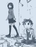  1boy 1girl begging black_hair black_legwear black_skirt blue_theme full_body grass hamsterfragment long_sleeves medium_hair monochrome original outdoors overalls shoes short_sleeves sitting skirt thigh-highs torn_clothes torn_sleeves walking 