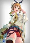 1girl :d atelier_(series) atelier_ryza bangs belt blue_belt blush breasts brown_belt brown_eyes brown_gloves brown_hair detached_sleeves eyebrows_visible_through_hair flask gloves grey_background hair_between_eyes hair_ornament hairclip hat jacket jewelry kyon_(fuuran) large_breasts leather_belt looking_at_viewer navel necklace open_mouth red_shorts reisalin_stout round-bottom_flask short_hair short_shorts shorts simple_background smile solo star star_necklace thigh-highs thighs vial white_headwear yellow_jacket 