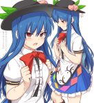 1girl anger_vein bangs black_headwear blue_hair blue_skirt commentary_request food_themed_hair_ornament frills hair_between_eyes hair_ornament hat hinanawi_tenshi long_hair looking_at_viewer multiple_views open_mouth peach_hair_ornament red_eyes red_ribbon ribbon shirt shiseki_hirame short_sleeves skirt touhou translation_request white_shirt