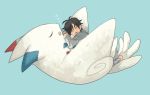  1boy bangs barefoot black_hair blue_background blush closed_eyes creatures_(company) game_freak gen_4_pokemon grey_pants grey_shirt long_sleeves male_focus newo_(shinra-p) nintendo open_mouth original pants pokemon pokemon_(creature) shirt short_hair simple_background sleeping togekiss zzz 