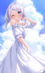  1girl bang_dream! bangs blue_eyes blue_sky blush braid clouds cloudy_sky commentary_request day dress eyebrows_visible_through_hair grin hand_up highres long_hair looking_at_viewer lunacle off-shoulder_dress off_shoulder one_eye_closed outdoors puffy_short_sleeves puffy_sleeves short_sleeves silver_hair sky smile solo twin_braids twintails wakamiya_eve white_dress 