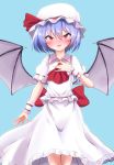  1girl ascot bangs bat_wings blouse blue_background blue_hair blush bow brooch collared_blouse commentary enikuma frilled_skirt frilled_sleeves frills half-closed_eyes hand_on_own_chest hat hat_ribbon highres jewelry large_bow looking_at_viewer medium_skirt mob_cap open_mouth red_bow red_eyes red_neckwear remilia_scarlet ribbon ribbon-trimmed_sleeves ribbon_trim short_hair simple_background skirt skirt_set smile solo standing touhou white_blouse white_headwear white_skirt wings wristband 