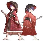  1girl artist_progress barefoot blush_stickers bowl bowl_hat commentary crescent eyebrows_visible_through_hair floral_print frills from_behind frown hat holding holding_needle holding_weapon japanese_clothes kimono leaf_print long_sleeves looking_back mefomefo needle obi purple_hair sash sewing_needle short_hair simple_background sukuna_shinmyoumaru touhou violet_eyes weapon white_background wide_sleeves 