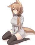  1girl animal_ear_fluff animal_ears bangs between_legs black_legwear black_scrunchie blush brown_hair commentary_request eyebrows_visible_through_hair fang fox_ears fox_girl fox_tail grey_sweater hair_between_eyes hair_ornament hair_over_shoulder hair_scrunchie hand_between_legs highres hinako_(anzu15) long_hair long_sleeves looking_at_viewer no_shoes original parted_lips red_eyes scrunchie shadow smile solo sweater tail thigh-highs white_background 