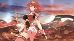  1girl 3d armor breasts clouds covered_navel fingerless_gloves fire gloves highres pyra_(xenoblade) large_breasts mountain pose red_eyes redhead sculp2 short_hair shoulder_armor sky solo thigh-highs xenoblade_(series) xenoblade_2 