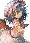  1girl absurdres bangs bat_wings blue_hair bow dress fang hat hat_bow hat_ribbon highres kaamin_(mariarose753) mob_cap pink_dress red_eyes red_neckwear remilia_scarlet ribbon short_hair short_sleeves simple_background smile solo touhou white_background white_headwear wings 