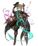  1girl aiguillette aqua_eyes bags_under_eyes birdcage black_gloves boots brown_hair cage cloak eyebrows_visible_through_hair full_body gloves gretel_(sinoalice) hansel_(sinoalice) hat holding holding_hat ji_no looking_at_viewer medal military military_uniform official_art peaked_cap short_hair sinoalice smile solo sword transparent_background uniform weapon 