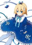  1girl blonde_hair blue_bow blue_dress blue_legwear blue_ribbon blush bow braid chikanoko closed_mouth constellation_print dress frilled_dress frills hair_ornament hair_ribbon long_sleeves pantyhose print_legwear puffy_short_sleeves puffy_sleeves ragho_no_erika ribbon short_over_long_sleeves short_sleeves sitting solo star star_hair_ornament uchino_chika 