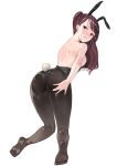  1girl absurdres animal_ears back bangs bare_shoulders black_hairband black_legwear black_leotard blush breasts bunny_tail bunnysuit darotong eyebrows_visible_through_hair fake_animal_ears fake_tail from_behind full_body girls_frontline hair_ribbon hairband hand_on_own_ass highres kneeling large_breasts leotard long_hair looking_at_viewer looking_back one_side_up open_mouth pantyhose purple_hair rabbit_ears red_eyes ribbon saliva simple_background solo strapless strapless_leotard sweat tail very_long_hair wa2000_(girls_frontline) 