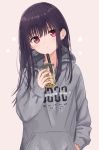  1girl absurdres bangs black_hair blush bubble_tea cup disposable_cup drink drinking drinking_straw eyebrows_visible_through_hair floral_background hair_between_eyes hand_in_pocket head_tilt highres holding holding_cup hood hoodie long_hair long_sleeves looking_at_viewer original pink_background pout red_eyes simple_background solo upper_body zuima 