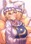  1girl bangs blonde_hair blush breasts commentary_request dress eyebrows_visible_through_hair fox_tail frilled_shirt_collar frills gradient gradient_background hair_between_eyes hat highres large_breasts long_sleeves looking_at_viewer masanaga_(tsukasa) multiple_tails ofuda parted_lips pillow_hat purple_background shadow short_hair solo tabard tail touhou upper_body white_dress white_headwear yakumo_ran yellow_eyes 