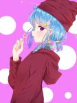  1girl aikatsu!_(series) aikatsu_friends! bangs beanie blue_hair blue_shirt brown_headwear brown_hoodie candy collared_shirt eyebrows_visible_through_hair food gradient_hair hair_ornament hat highres holding holding_food holding_lollipop hood hood_down hoodie k_mugura lollipop low_twintails minato_mio multicolored_hair pink_background plaid plaid_shirt profile purple_hair shirt short_twintails solo star star_hair_ornament twintails two-tone_background upper_body violet_eyes white_background 