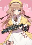  1girl apex_legends assault_rifle beret blue_eyes bow breasts brown_bow bullpup commission floppy_ears gukurosawa01 gun hair_bow hat highres holding holding_gun holding_weapon indie_virtual_youtuber long_hair looking_at_viewer medium_breasts pink_background rifle skeb_commission smile solo star_(symbol) trigger_discipline tsukidate_ruchika v-shaped_eyebrows virtual_youtuber vk-47_flatline weapon yellow_background yellow_bow 