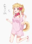 1girl :d aikatsu!_(series) aikatsu_stars! animal_ears ankle_socks bangs bare_shoulders blush bow brown_eyes brown_hair collar dog_ears dog_girl dog_tail eyebrows_visible_through_hair full_body grey_background hair_bow hands_up highres k_mugura kemonomimi_mode kneeling long_hair looking_at_viewer nijino_yume no_shoes off_shoulder open_mouth oversized_clothes oversized_shirt pink_shirt red_bow red_collar shirt short_sleeves simple_background smile solo tail translated white_legwear wide_sleeves 