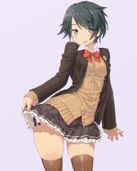  1girl alternate_costume black_skirt blazer bow bowtie breasts brown_jacket brown_legwear cardigan commentary_request cowboy_shot dd_(ijigendd) diomedea eyebrows_visible_through_hair green_eyes green_hair highres jacket kadokawa_games kantai_collection looking_at_viewer mogami_(kantai_collection) open_mouth pleated_skirt red_neckwear school_uniform simple_background skirt solo thigh-highs 