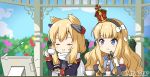 2girls :t azur_lane bangs black_hairband blonde_hair blue_eyes blue_sky blush bow cake chair closed_eyes closed_mouth clouds commentary_request crown cup day detached_sleeves dress eating epaulettes eyebrows_visible_through_hair food fork gloves grey_dress hair_bow hair_ears hair_ornament hairband headgear holding holding_cup holding_fork holding_saucer jacket juliet_sleeves long_hair long_sleeves miicha mini_crown multiple_girls on_chair outdoors puffy_sleeves purple_jacket queen_elizabeth_(azur_lane) ringlets saucer scarf sitting sky slice_of_cake smile strapless strapless_dress striped striped_hairband table teacup twitter_username v-shaped_eyebrows warspite_(azur_lane) wavy_hair white_bow white_gloves white_scarf 