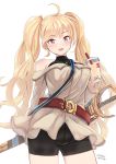  1girl ahoge belt blonde_hair breasts drink drinking_straw granblue_fantasy grey_eyes highres large_breasts long_hair monica_weisswind nosuku scabbard sheath sheathed shorts solo sword twintails wavy_hair weapon 
