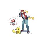  /\/\/\ 1boy blonde_hair closed_mouth denim fatal_fury fingerless_gloves gen_1_pokemon gloves hand_on_hip jeans look-alike looking_at_another male_focus muscle pants pikachu pokemon pokemon_(creature) pokemon_(game) pokemon_rgby red_(pokemon) shaded_face shoes simple_background sneakers spoken_character super_smash_bros. terry_bogard torn_clothes torn_sleeves vest white_background 