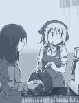  2girls apron bangs black_hair blue_theme cash_register food fruit hamsterfragment holding_money long_sleeves medium_hair money monochrome multiple_girls name_tag original scanner short_hair short_sleeves upper_body watermelon white_hair 