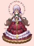  1girl :&lt; bonim bonnet brown_hair cherry dress food fork frills fruit full_body long_hair looking_at_viewer original personification pink_background red_dress red_eyes ribbon solo 