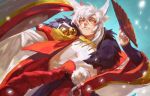  1boy animal_ears cat_ears closed_mouth fan hangleing holding holding_fan japanese_clothes long_hair long_sleeves looking_at_viewer looking_down male_focus onmyoji solo white_hair yellow_eyes youko_(onmyoji) 