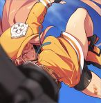  1girl anchor baiken blue_sky clouds cosplay facial_mark falling fingerless_gloves gloves guilty_gear hat holding holding_anchor jako_(toyprn) long_hair may_(guilty_gear) may_(guilty_gear)_(cosplay) one_eye_closed open_mouth orange_footwear orange_headwear pink_eyes pink_hair scar scar_across_eye shiny shiny_skin sky solo tattoo very_long_hair 