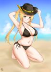  azur_lane barefoot beach bikini blonde_hair breasts cowboy_hat hat highres hornet_(azur_lane) kamui_aya large_breasts sitting swimsuit toes twintails 