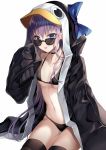  1girl animal_hood bangs bikini black_bikini black_jacket blue_bow blue_eyes blush bow breasts choker collarbone fate/grand_order fate_(series) greaves hair_between_eyes harimoji hood jacket long_hair looking_at_viewer meltryllis meltryllis_(swimsuit_lancer)_(fate) navel open_clothes open_jacket penguin_hood purple_hair simple_background sleeves_past_fingers sleeves_past_wrists small_breasts smile solo sunglasses swimsuit thighs very_long_hair white_background 