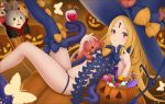  1girl abigail_williams_(fate/grand_order) balloon bangs bendy_straw black_bow black_headwear black_panties blonde_hair blue_legwear blush bow bug butterfly candy candy_cane candy_wrapper commentary_request cup drinking_glass drinking_straw eyebrows_visible_through_hair fate/grand_order fate_(series) food fou_(fate/grand_order) groin halloween halloween_basket hat hat_bow highres ice ice_cube insect jack-o&#039;-lantern key keyhole knee_up leg_up lollipop long_hair looking_at_viewer orange_bow panties parted_bangs parted_lips red_eyes revealing_clothes single_thighhigh skull_print solo swirl_lollipop tentacles thigh-highs topless underwear very_long_hair watch_artwork witch_hat wooden_floor 