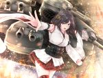  1girl armpit_peek black_hair breasts cannon cowboy_shot detached_sleeves hair_ornament hakama_skirt japanese_clothes kantai_collection large_breasts nontraditional_miko open_mouth red_eyes red_skirt rigging shohei_(piranha5hk) short_hair skirt solo thigh_strap turret wide_sleeves yamashiro_(kantai_collection) 