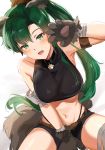  1girl absurdres animal_ears bangs bare_shoulders bell black_shirt black_shorts blush breasts collar crop_top fang fire_emblem fire_emblem:_the_blazing_blade gloves green_eyes green_hair high_ponytail highres jingle_bell large_breasts long_hair looking_at_viewer lyn_(fire_emblem) navel open_mouth ormille paw_gloves paws ponytail shirt shorts simple_background smile solo tail white_background wolf_ears wolf_girl wolf_tail 
