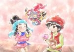  1boy 1girl :t bag bangs baraz_(pokemon) belt black_hair blue_headwear blush blush_stickers brown_eyes brown_pants child closed_eyes closed_mouth doughnut dress eating eyebrows_visible_through_hair flat_chest floating food full_body gen_6_pokemon green_shirt hair_tie hand_up hands_up happy hat high_ponytail highres holding hoopa hoopa_(confined) legendary_pokemon long_sleeves looking_at_another meray_(pokemon) open_mouth pants paper_bag pink_background pink_dress pokemon pokemon_(anime) pokemon_(creature) pokemon_m18 pokemon_xy_(anime) red_headwear red_vest sash shiny shiny_hair shirt short_hair short_ponytail smile tied_hair vest yellow_sclera yuki56 