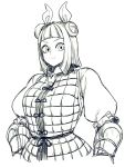  1girl armor bangs breasts commentary_request double_bun frown greyscale haniwa_(statue) highres joutouguu_mayumi large_breasts looking_at_viewer monochrome puffy_short_sleeves puffy_sleeves ribbon serious short_hair short_sleeves solo space_jin touhou upper_body 